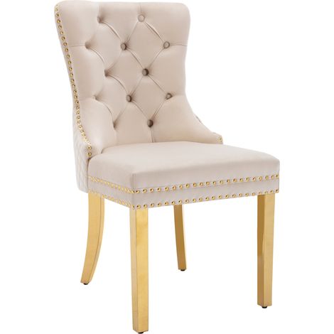 Chaise de salle à manger en velours beige avec pieds en acier inoxydable doré et anneau décoratif (1/5)