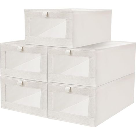Lot de 5 organiseurs de penderie en coton et lin - Boîte de rangement portable pliable pour vêtements, linge de lit, jouets, vêtements de saison, beige (1/5)