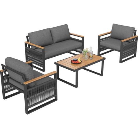 4 Seater Garden Set with Plastic Wood Coffee Table & Handrail, Polyester Rope Outdoor Set with Sofa and Armchairs, Weatherproof Outdoor Patio Sofa for Balcony and Terrace, Linen, Grey