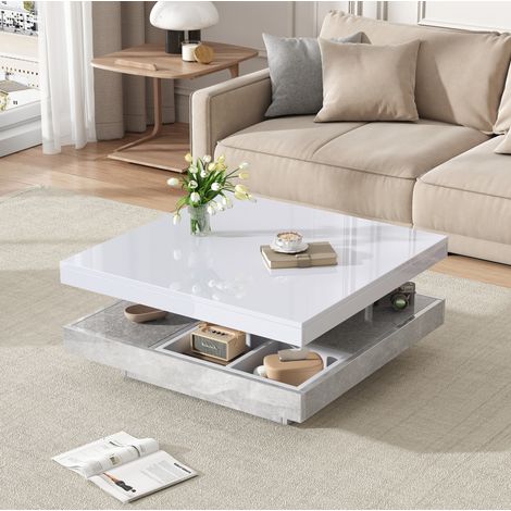 Mesa de centro doble giratoria 70 x 70 x 36 cm, tablero blanco brillante OKMYHOME (1/5)