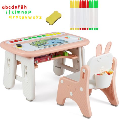 COSTWAY Kids Drawing Table & Chair Set w/Flip-Top Tabletop Bookshelf-Pink (1/5)