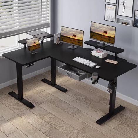 Bureau Assis-Debout Électrique Réglable en Hauteur en Forme de L de 160x70 cm,Et Commande De 4 Claviers Avec Fonction De Mémoire Automatique, Noire