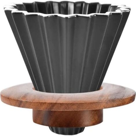 Cafetière Céramique avec Cadre Bois – Filtre à Fleurs Élégant – Noire – Style Rétro (1/5)