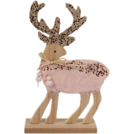 Statuetta di renna in legno con pelliccia rosa e paillettes, 13x4x22,5 cm (1/3)