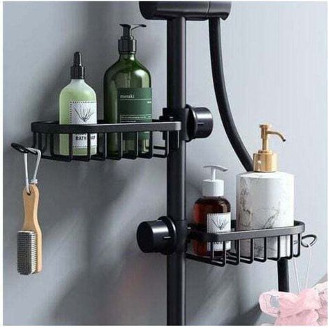 Enowelir Lot de 2 Étagères de Douche Télescopiques en Inox Sans Percage, Porte-Savon et Rangement pour Salle de Bain Noir (1/4)