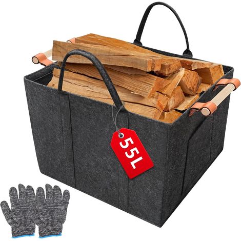 Quadratischer, faltbarer Brennholzkorb (42 x 40 x 30 cm) für Kamin, Feuerstelle und Ofen (55 l) – Brennholzhalter mit Holzgriff und Handschuhen – extra dicke Filzauskleidung für Transport und Lagerung (1/5)