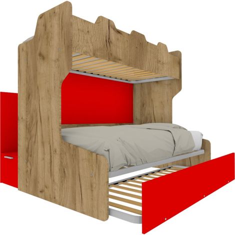 Letto a castello salvaspazio con scala contenitore - 1 Piazza e mezza + singolo - Quercia e Rosso