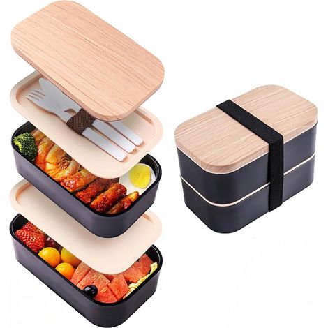 1 Boîte à bento en plastique, couvercle bambou, micro-ondable, empilable, 1150g, bureau pique-nique (1/5)