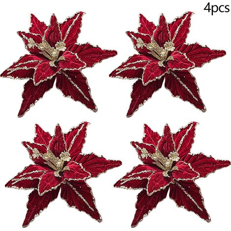 Fleurs artificielles en velours, 4 pièces, 26cm, ornements à paillettes d'arbre pour fête de Festival, mariage, rouge (1/5)