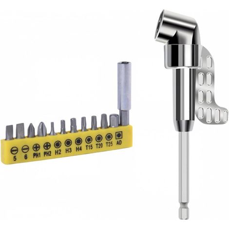 Set di 12 adattatori per cacciavite con curvatura a 105° e adattatore rotante, adatto all'uso professionale con utensili a curvatura lunga.