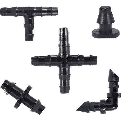 Kit de 250 raccords d'irrigation, connecteurs barbelés pour tuyau de 6,35 mm (90 barbes droites + 70 tees + 30 coudes + 30 bouchons d'extrémité + 30 raccords à 4 voies)