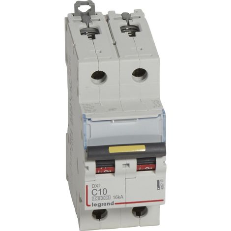 Disjoncteur DX³10000 16kA arrivée haute et départ bas à vis 2 Pôles de 230V à 400V 10A courbe C 2 modules LEGRAND 409219