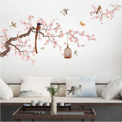 (Peach Pink) Flower Wall Decals Chinese Style Wall Stickers for Living Room Pink Flowers Wall Decals for Bedroom,Wall Murals Peel and Stick Wall Decorations for Living Room Decals for Home (1/4)