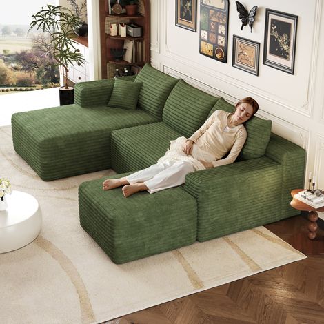 Canapé Convertible 4 places en velours côtelé vert, Canapé d'Angle Moderne ouverture express avec module modulaire, assise profonde, design minimaliste, montage non requis, sans armature (1/5)