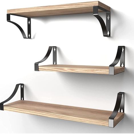 Etagères Murales Lot de 3, étagère Murale Bois et Métal, Etagères Murales de Rangementen Fil Métallique Rustique Charge Maximal 10Kg pour Salon Chambre Bureau Salle de Bains ou Cuisine (1/4)