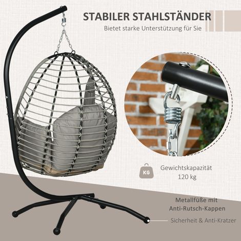 Fauteuil suspendu gris avec coussins assise et dossier, panier pliable, porte-verre, armature métallique (1/4)