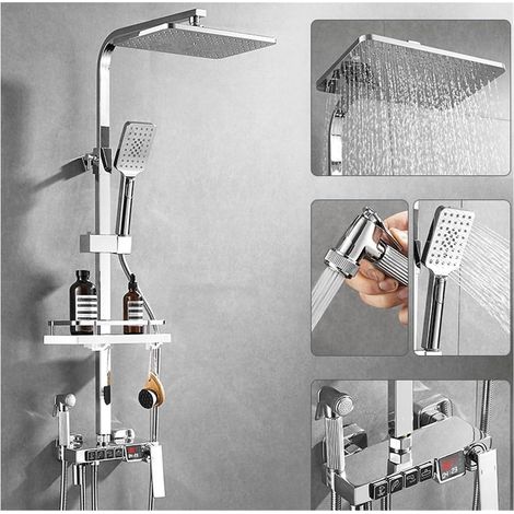 Ensemble de douche mitigeur thermostatique intelli Ensemble de douche chromé numérique robinet salle de bain mélangeur chaud et froid système de pluie montage mural Kit complet robinet de bain baignoi (1/5)
