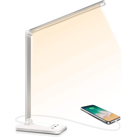 Lampe de Bureau LED, Lampes de Bureau Dimmable Niveaux de Luminosité, Flexible Contrôle Tactile Protection des Yeux,Lampe de chevet Avec Port USB et Fonction Minuterie [Classe énergétique F]