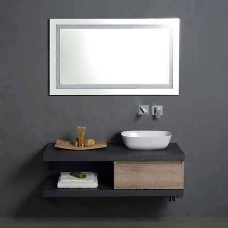 Kiamami Valentina – Meuble de salle de bains suspendu 120 cm – Lavabo en marbre recomposé – Miroir rétro-éclairé LED – Montage mural
