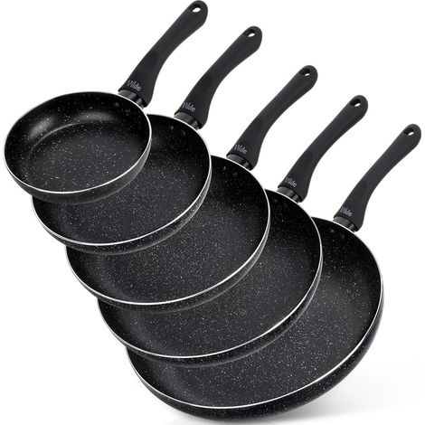 Set di 5 padelle in granito nero rigato, misure 16 / 20 / 24 / 28 / 32 cm. (1/5)