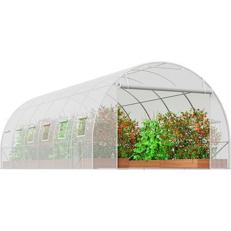 Serre tunnel de 5,9 x 2,9 x 1,98 m (19,4 x 9,7 x 6,5 pi), serre tunnel pour plantes avec structure en acier galvanisé, bâche blanche en polyéthylène, porte à fermeture éclair enroulable et 12 fenêtres (1/5)