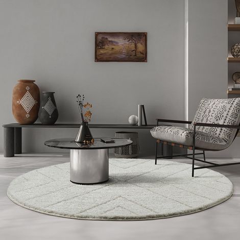 Shaggy Tapis de Salon élégant et Design à Poils Longs, Doux et Facile d'entretien, en Losange crème, 120 cm, Rond (1/5)