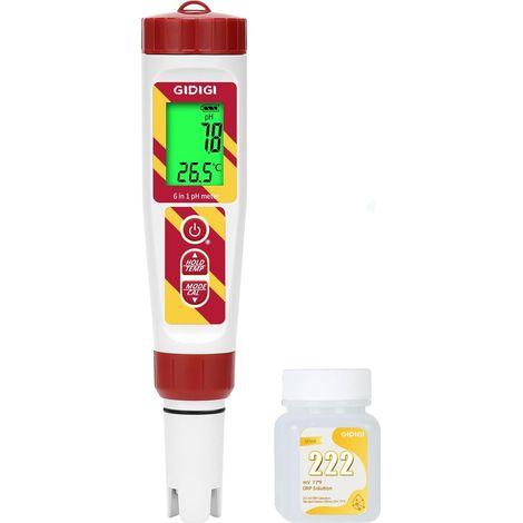 Testeur de salinité pour piscine - Appareil de mesure numérique du pH ORP - Pour hydroponique - 6 en 1 - pH/TDS/EC/ORP - Teneur en sel/thermomètre - Appareil de mesure du pH avec solution (1/5)
