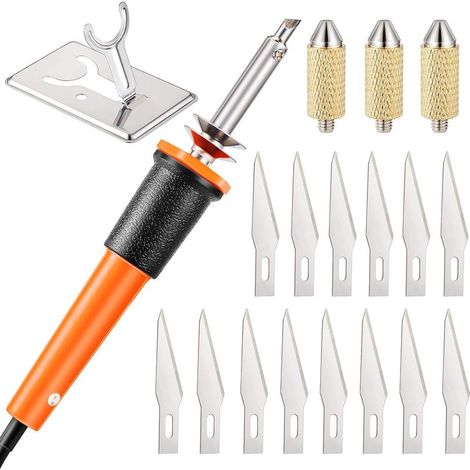 19-teiliges elektrisches Heißmesser-Schneidewerkzeug, vielseitiger Heißmesserschneider mit Metallständer, 14 Klingen, 3 Spannfuttergriffe zum Schnitzen (orange) (1/5)