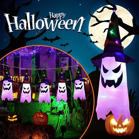Decorazione per esterni di Halloween Luce bianca, 5 pezzi Fantasma appeso con cappello da strega, luci di Halloween Decorazione luci a corda Decorazione per esterni e interni (1/4)