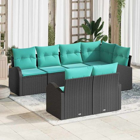 Salon de jardin modulable 7 pièces en polyrotin noir et turquoise avec coussins - PANGIVO (1/5)