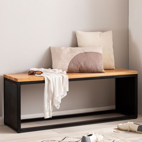 Banc 120x35x45 cm en acacia naturel et décor aspect pierre