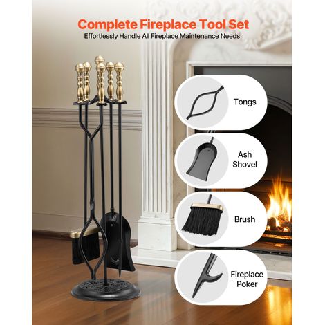 Lot de 5 outils cheminée acier forgé étendoir 5 branches pinces pelle cendres balai tisonnier noir laiton intérieur extérieur (1/5)