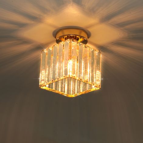 Wottes – Plafonnier en cristal doré carré – Métal de haute qualité – Abat-jour en cristal clair – Pour salon et chambre – Compatible E27 (1/4)