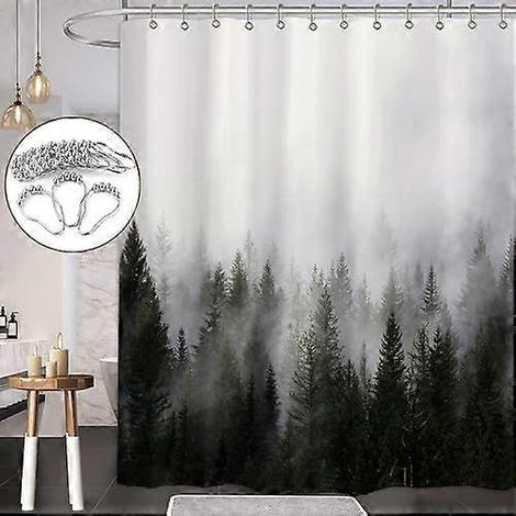 Rideau de douche vert foncé à motif forêt brumeuse pour salle de bain, ensemble rideau de douche nature avec crochets, rideau de bain décoratif sapin brume magique pour salle de bain (1/4)