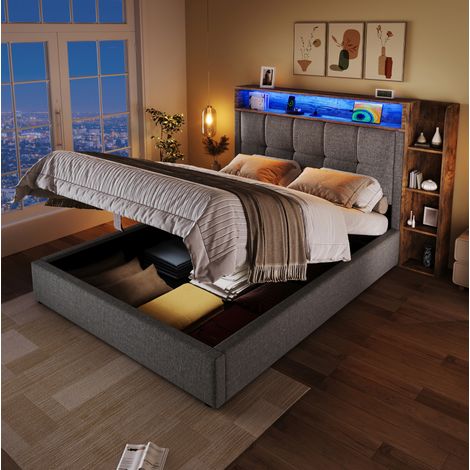Letto con contenitore in lino e MDF grigio 90x200 cm con LED, USB/Type-C e testiera imbottita (1/5)