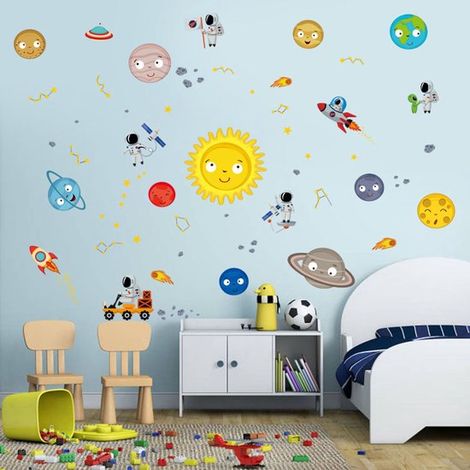 Pegatinas de pared de dibujos animados de planetas，pegatinas autoadhesivas de los nueve planetas，astronautas y cohetes，45 x 60 cm (1/5)