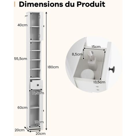 Meuble de salle de bain blanc 180 cm en MDF avec 2 portes, 1 tiroir, 5 compartiments et étagères réglables pour salle de bain et WC (1/5)