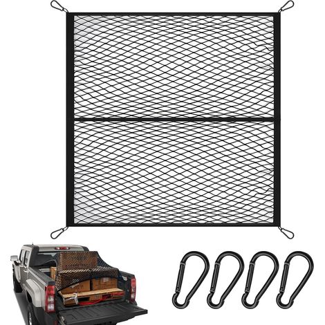 Red de carga altamente elástica para la caja de la camioneta: red de carga para camioneta pickup de 1,2 x 1,2 m, expandible hasta 2,1 x 2,1 m (una sola capa), organizador sencillo para cargas ligeras (1/5)