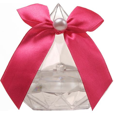 12 Stück durchsichtige Gastgeschenkboxen in Diamantform, Bonbonboxen für Hochzeitsfeiern (rosenrote Schleife L) (1/5)