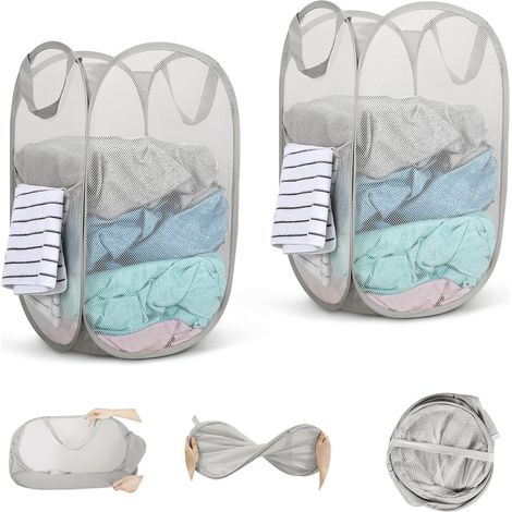 Lot de 2 paniers linge pliables en maille. 34x34x60cm, avec poignées. Idéal salle de bain, camping, voyage.Couleur : Gris (1/5)