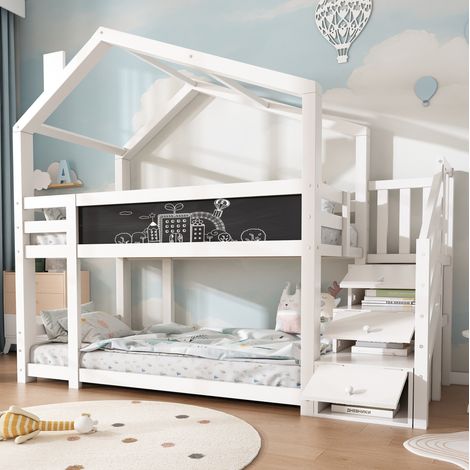 Lit superposé cabane 90x200 avec rangement blanc OKMYHOME (1/5)