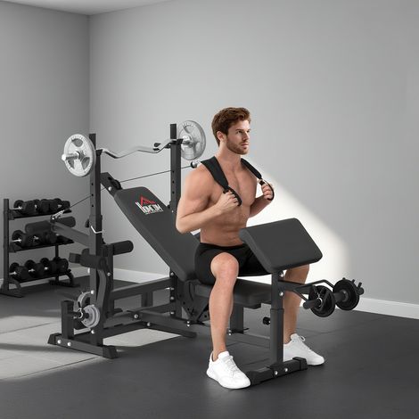 Noir - Banc de musculation avec support barre, dossier réglable, extension jambes, curl jambes, entraînement domicile, structure acier