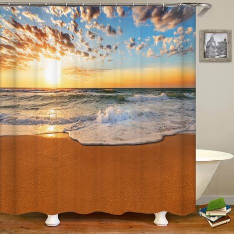 Rideau de douche 3D motif plage, rideau de salle de bain mer Méditerranée, tissu imperméable, 240 x 180 cm