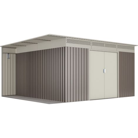Caseta de jardín metálica 13,22m2 - 10 años garantía frente a la corrosión- 333x397x91cm. Cobertizo jardin con leñero exterior