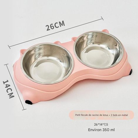 Gamelle double en acier inoxydable pour chat, anti-basculement, protège-cou, pour eau et nourriture, confortable, petit modèle rose (26 × 14 × 7,5 cm, contenance 350 ml)