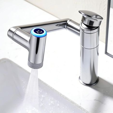 1080° Rotating Chrome Basin Faucet Bathroom Faucet Hot and Cold Water Tap with LED Temperature Display Dual Mode Height Adjustable (60cm Hoses Included) (1/5)