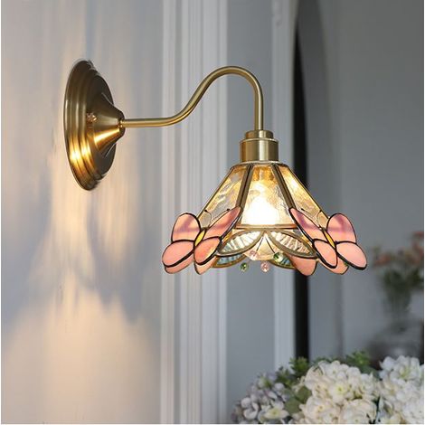Applique murale lampe de chevet vintage en laiton abat-jour en verre (1/5)