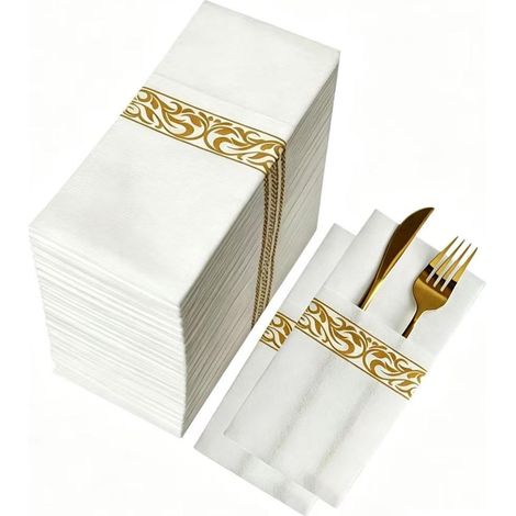Lot de 50 serviettes jetables en tissu - Poche intégrée pour couverts - Pour fête de mariage - Blanc au toucher lin - Pré-pliées pour couverts (Doré 50) (1/5)