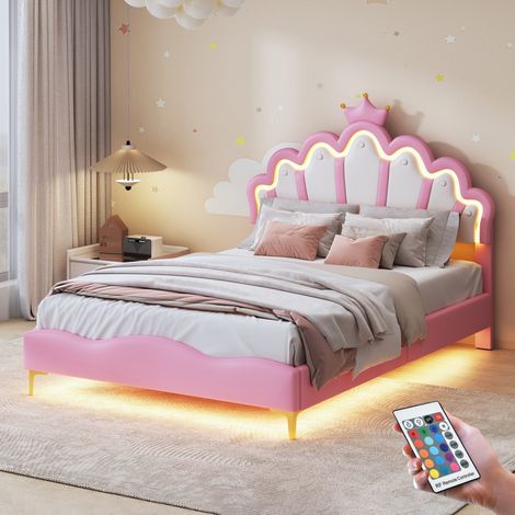 Letto Matrimoniale 140x200 cm, 2 Posti, con LED, Testata a Forma di Corona, Telecomando, Rete a Doghe in Legno, Letto Matrimoniale Trapuntato in Similpelle - Rosa