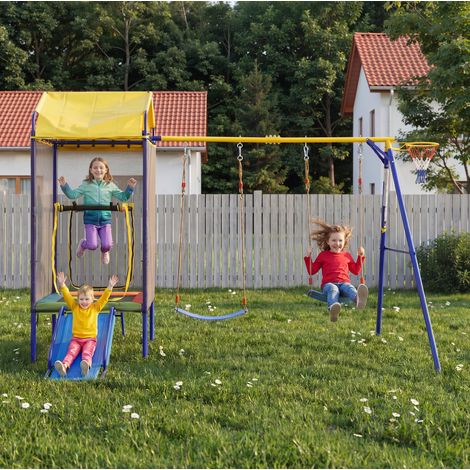 Parco giochi esterno 4 in 1 con trampolino 336x217x238 cm, multicolore, FloraGrace (1/5)